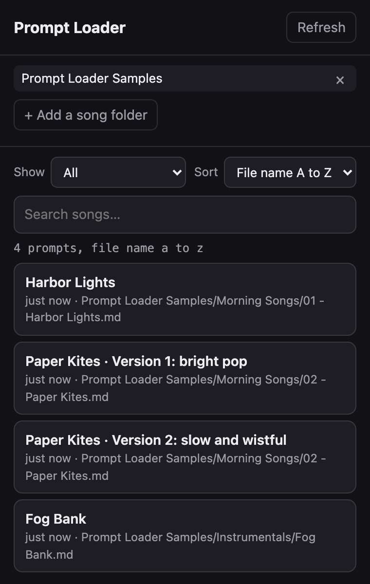 The panel listing four sample songs with Show and Sort menus above them.