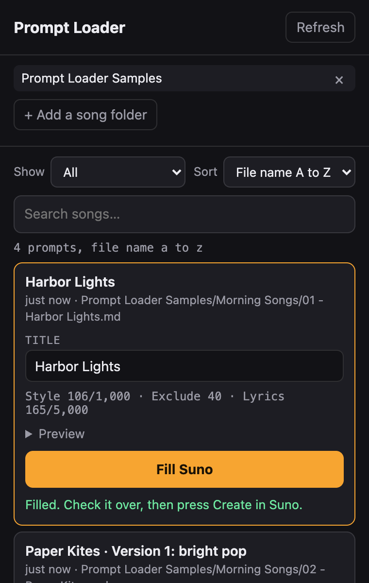A song opened in the panel with a Fill Suno button and a Filled message.